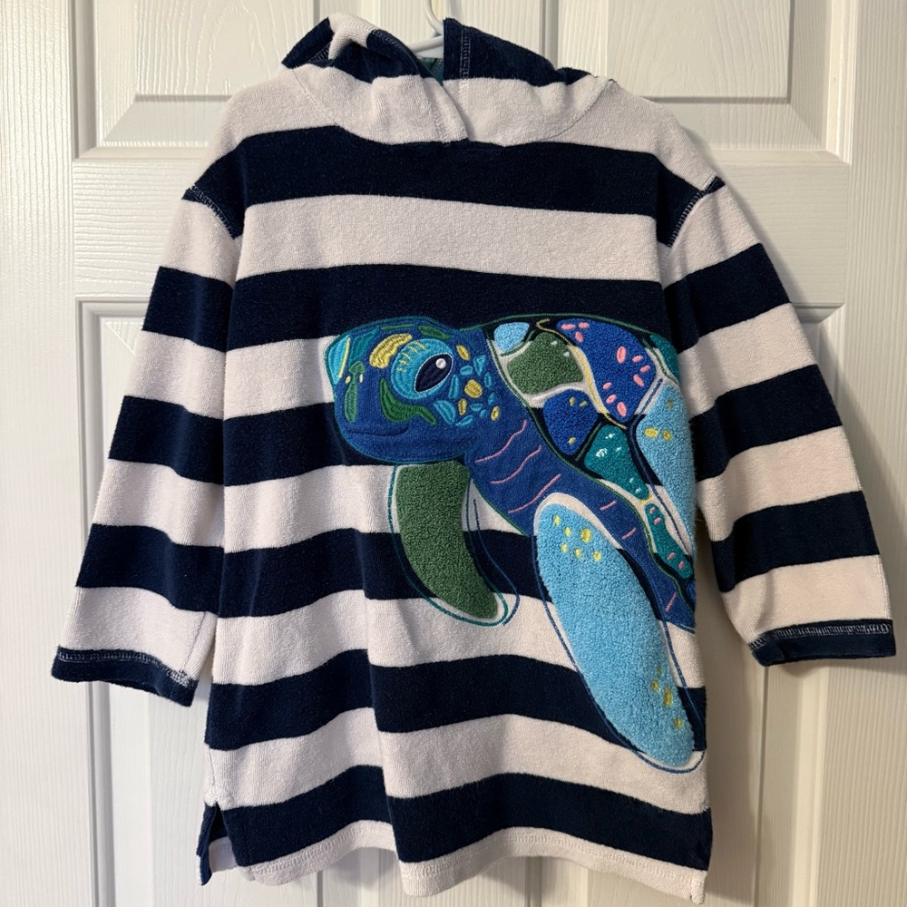 Striped Navy and White Kids Toweling Hoodie with Turtle Design